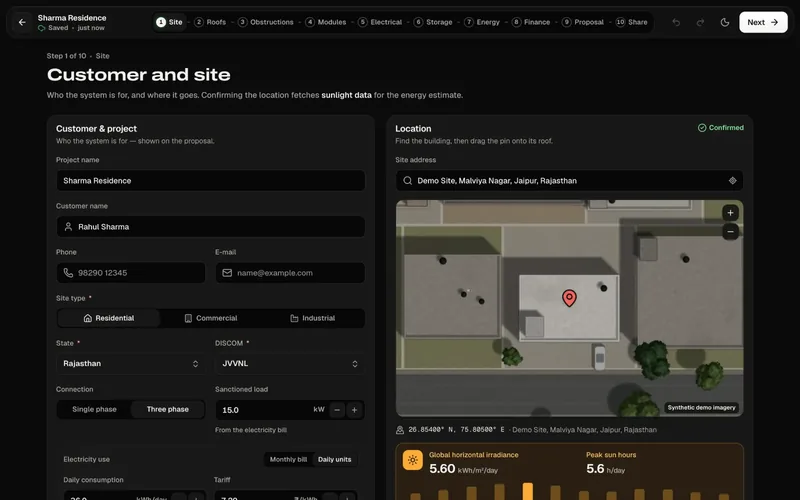 The SolarERP 3D designer, step 1 of 10: customer and site details beside an aerial map with the house pinned