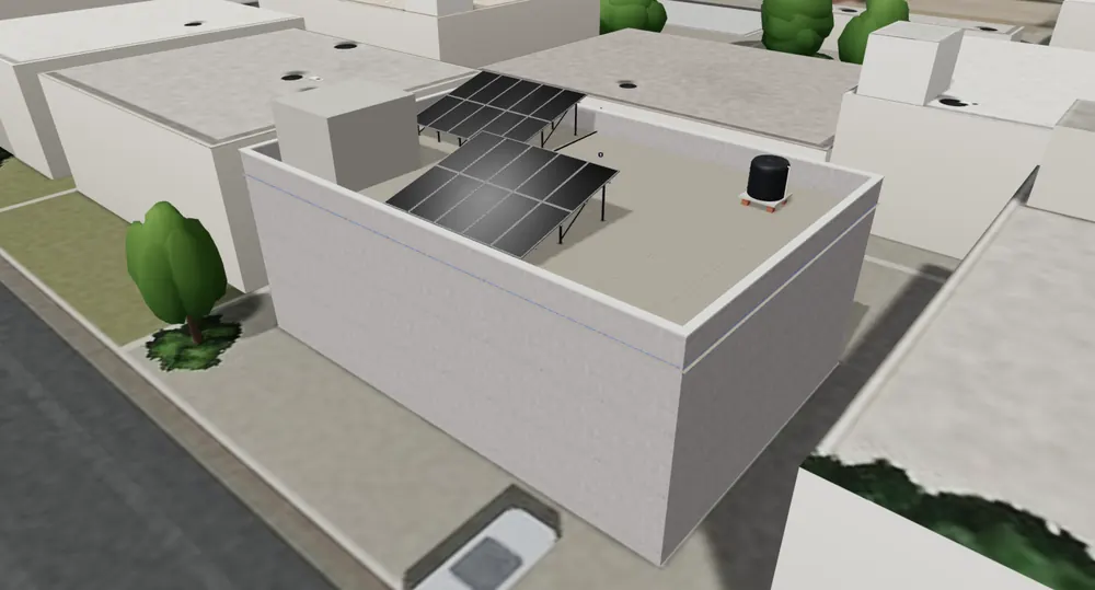 SolarERP 3D: a live 3D model of an Indian flat-roofed house with a water tank, a stair block and two tilted rows of solar panels, among neighbouring houses and trees