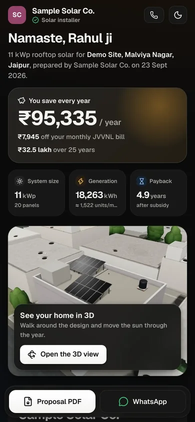 The customer's phone: you save ₹95,335 a year, system size, generation and payback