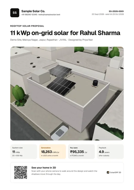 The proposal cover: 11 kWp on-grid solar for Rahul Sharma, with a 3D render of the roof and a QR code to see the home in 3D