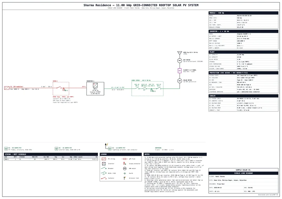 A single-line diagram sheet for an 11 kWp grid-connected rooftop system with schedules and notes