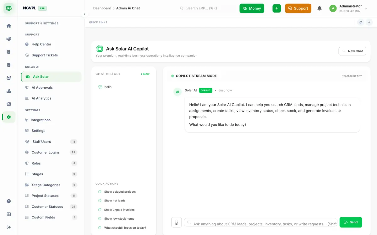 Ask Solar AI copilot inside SolarERP: chat history, quick actions and a message box with a microphone