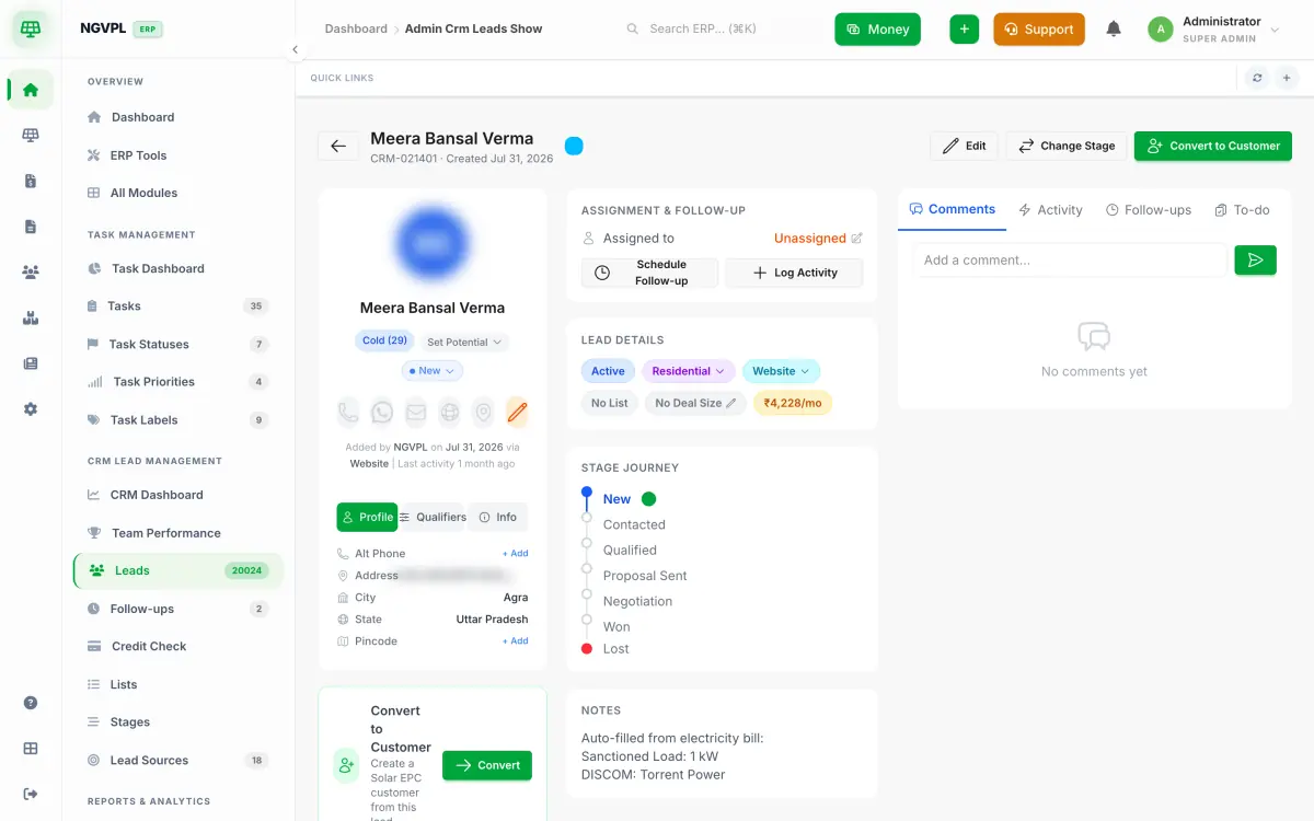A lead record with stage journey, assignment, lead details and notes auto-filled from an electricity bill