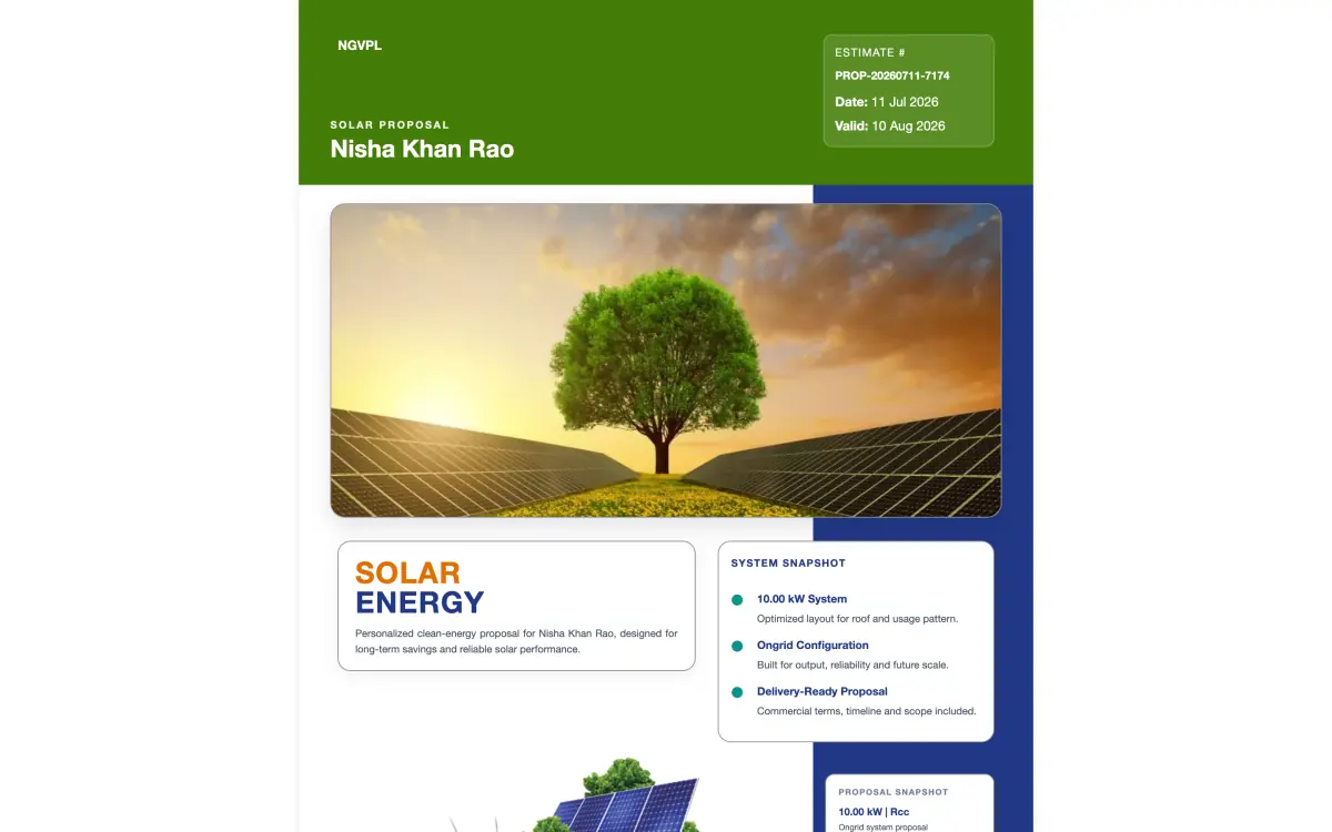 The rendered proposal PDF: company header, estimate number, validity and the system snapshot for a 10 kW on-grid system
