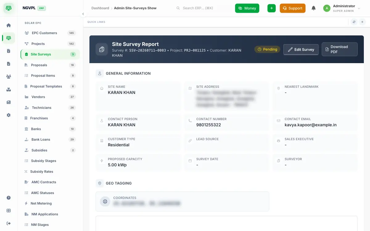 A site survey report: site name, address, contact, customer type, proposed capacity in kWp and geo-tagging coordinates
